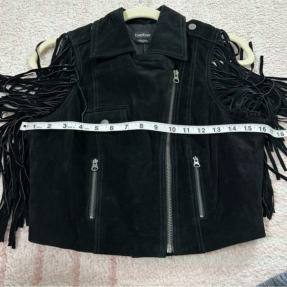 Bebe Black Suede Fringe Moto Western Vest Size Small Asymmetric Zip Bike Week - Picture 13 of 13